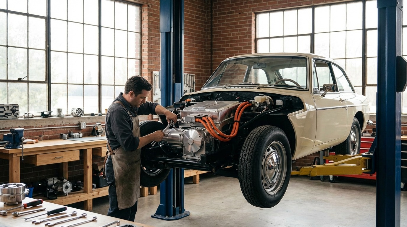 Classic car undergoing premium EV conversion