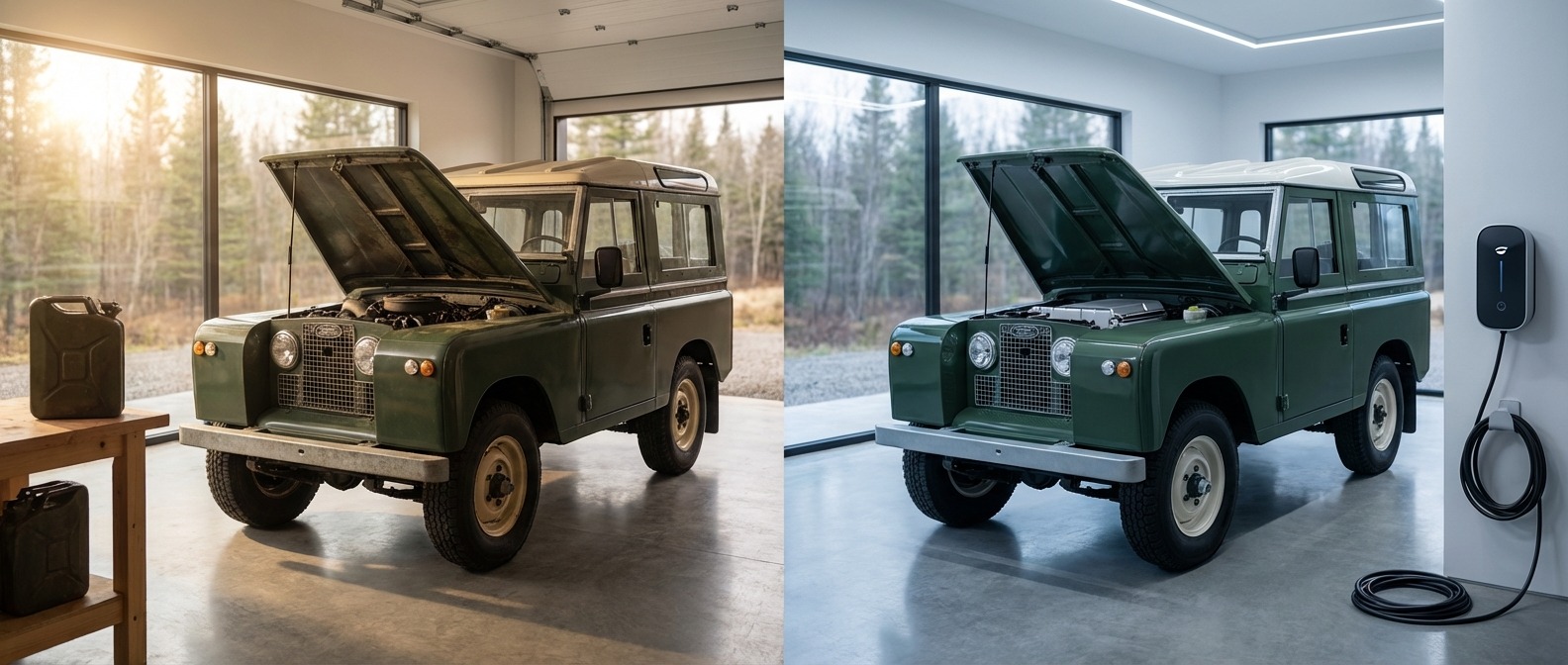 Classic car in premium garage for gas versus electric comparison