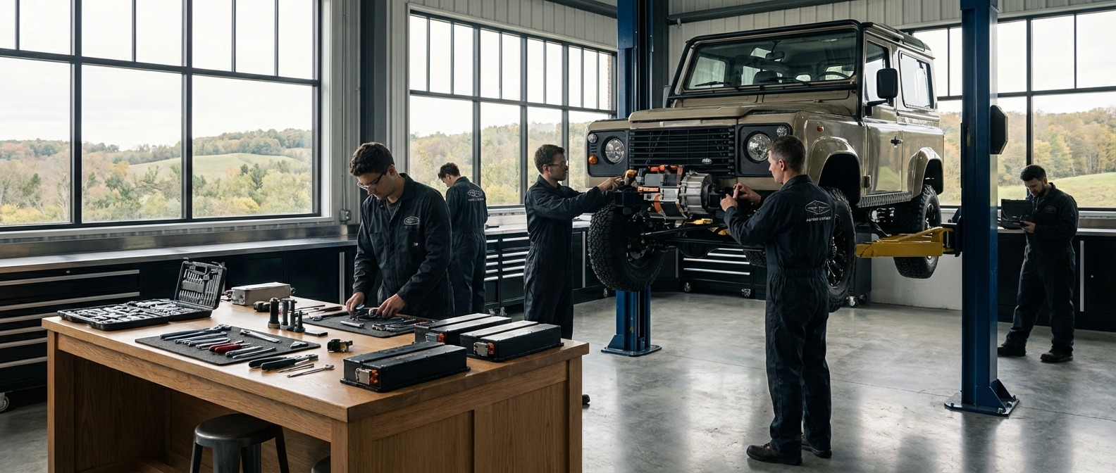 Classic vehicle in premium EV conversion workshop